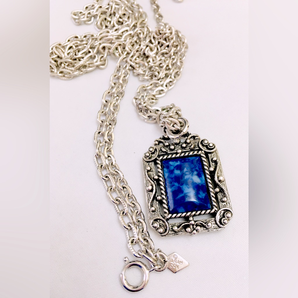 Sarah Cov Roman Holiday Double Chain Blue Mottled Glass Victorian Style Necklace 20$